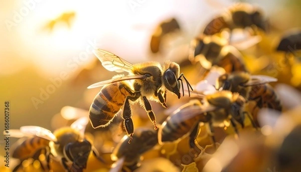 Fototapeta Close-up captures honeybees illuminated by warm sunlight on honeycomb, detailed view
