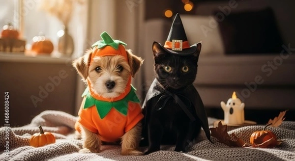 Obraz A photorealistic dog and cat together in small Halloween outfits, with warm natural light, for a pet Halloween lifestyle.