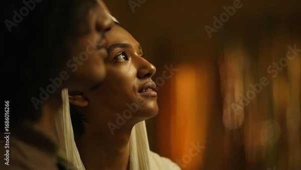 Fototapeta Pensive Young Woman Looking Up in Soft Light