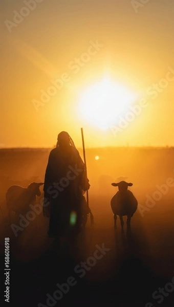 Fototapeta Silhouette of Shepherd and Sheep at Sunset