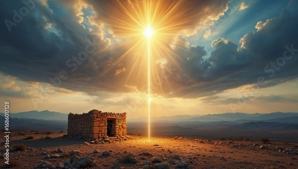 Fototapeta Ancient Stone Hut Bathed in Divine Light - Desert Landscape