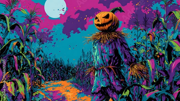 Fototapeta Colorful scarecrow stands in a vibrant cornfield under a full moon, creating a spooky atmosphere