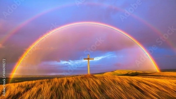 Fototapeta Cross on Hilltop with Double Rainbow - Symbol of Faith and Hope