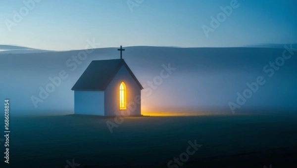 Fototapeta Isolated Church in Misty Landscape at Dawn