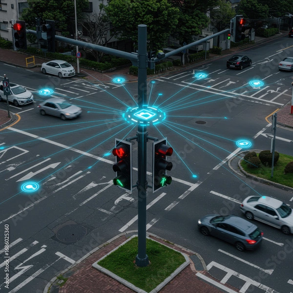 Fototapeta Traffic light and network lines illustrate seamless connectivity, creating sense of intelligent control and tech enhanced urban landscape