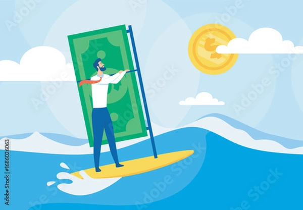 Fototapeta Businessman on success wave. Man on surfboard with banknote. Financial literacy and passive income. Motivation and aspiration, success. Flat vector illustration