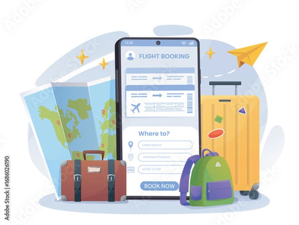 Fototapeta Flight booking concept. Smartphone near map and luggage. Preparation for travel and tourism. Holiday and vacation, journey. Suitcase and baggage. Flat vector illustration