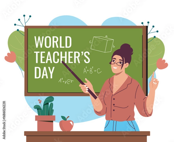 Fototapeta World teachers day. Woman with pointer near chalkboard. International holiday 5 october. Teacher giving lesson or lecture. Education and learning. Flat vector illustration