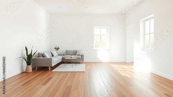 Fototapeta Minimalist living space with wooden floors and white walls, bathed in soft natural light for a tranquil ambiance.