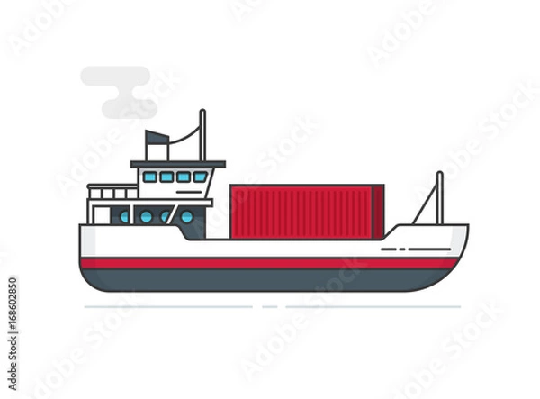 Fototapeta Shipping container via ship vector illustration line outline style, flat cartoon vessel or boat transporting cargo container isolated on white, idea of logistics, freight transportation
