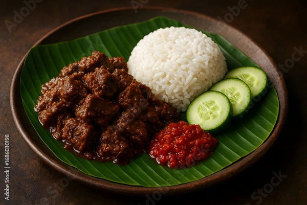 Fototapeta Authentic Indonesian Beef Rendang with Rice and Sambal on Banana Leaf