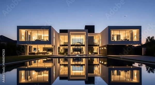 Fototapeta Rumah modern mewah dengan lampu-lampu yang bersinar memantul di kolam renang yang tenang saat senja menciptakan suasana yang indah