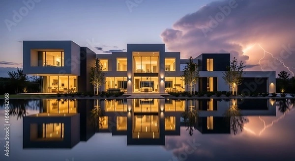 Fototapeta Sambaran petir dramatis di balik rumah mewah modern yang terpantul di kolam renang yang indah saat senja, memberikan daya tarik real estat yang menawan