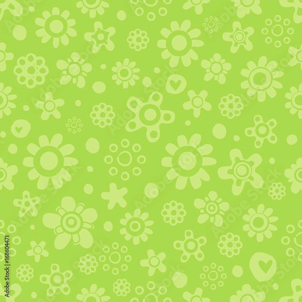 Fototapeta Seamless pattern with cute flowers in green monochrome colors on green background.