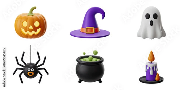 Obraz Spooky Halloween icons including pumpkin, ghost, witch hat, cauldron, spider, and candle for festive designs