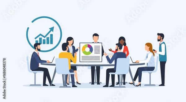 Fototapeta Diverse team collaborating in a modern meeting room, discussing growth charts and pie graphs.