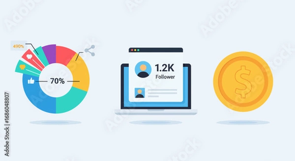 Fototapeta Financial growth and social media success visualized with data, followers, and currency