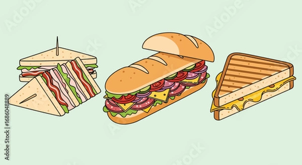 Fototapeta Delicious assortment of three distinct sandwiches displayed on a light green background.