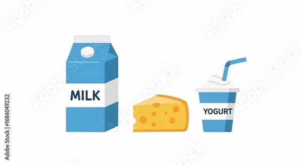 Obraz A simple vector illustration of common dairy products, including a carton of milk, a wedge of cheese, and a cup of yogurt.
