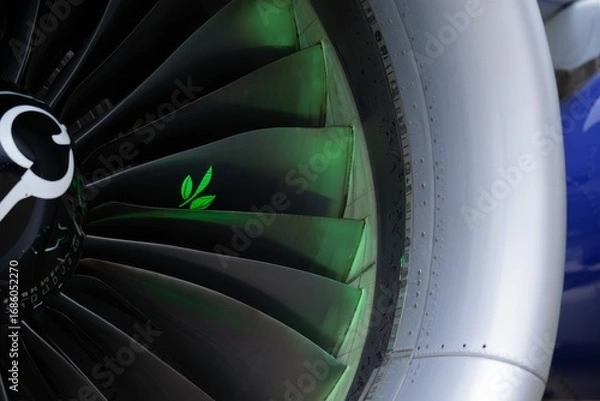 Fototapeta Sustainable Aviation: Green Leaf on Airplane Engine Turbine Blade