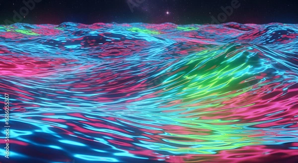 Fototapeta Abstract colorful ocean waves with cosmic sky background, digital art.