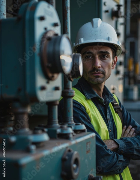 Fototapeta Power grid specialist in safety gear beside transmission equipment