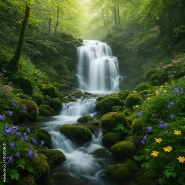 Fototapeta Serene waterfall cascading through a lush green forest creates a peaceful landscape scene