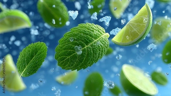 Fototapeta Fresh lime wedges and mint leaves with ice cubes floating