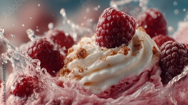 Fototapeta Raspberry dessert with cream and water splash close up