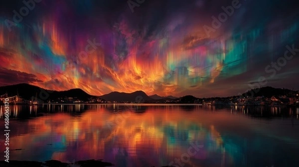 Fototapeta Aurora borealis over water with mountain and city reflection