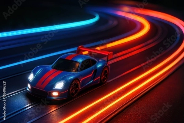 Fototapeta Futuristic race car driving on a neon-lit track showcasing speed and excitement