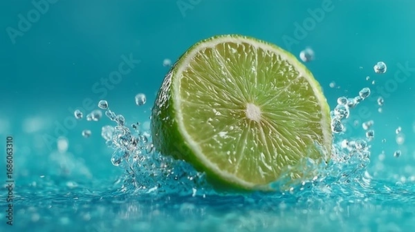 Fototapeta Lime slice splashing in water against a blue background