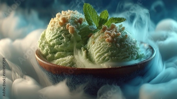 Fototapeta Green ice cream scoops with mint and nuts in a bowl