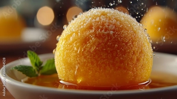 Fototapeta Gulab jamun dessert with syrup and mint garnish