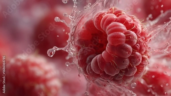 Fototapeta Fresh raspberry with water splash, close-up fruit photography