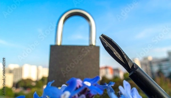 Obraz Lock, screwdriver, flowers, city