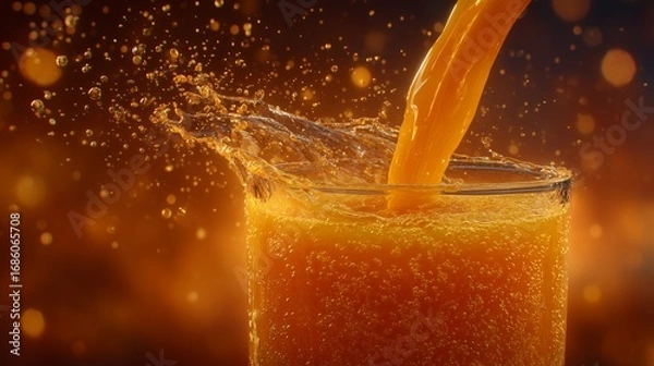 Fototapeta Orange juice pouring into glass with splash and bubbles