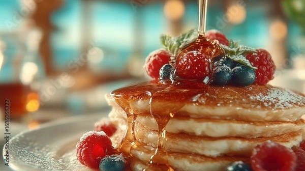 Fototapeta Stack of pancakes with berries and maple syrup being poured
