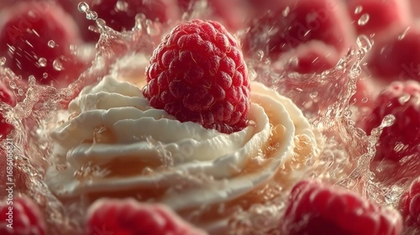 Fototapeta Raspberry on whipped cream with water splash, close up
