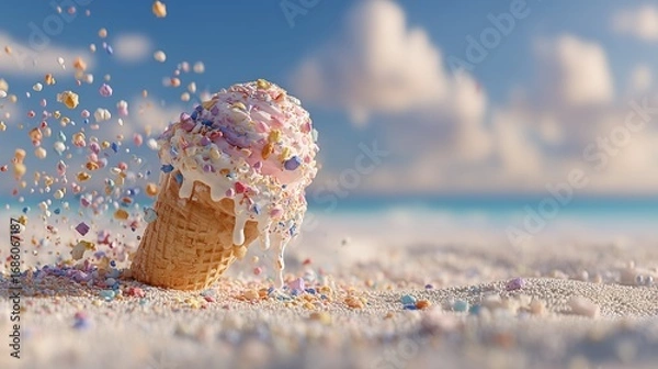 Fototapeta Ice cream cone on beach with colorful sprinkles falling