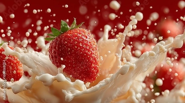 Fototapeta Strawberry splashing into milk with red background and droplets