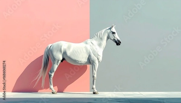 Fototapeta 白い馬とピンク色のシンプルな背景