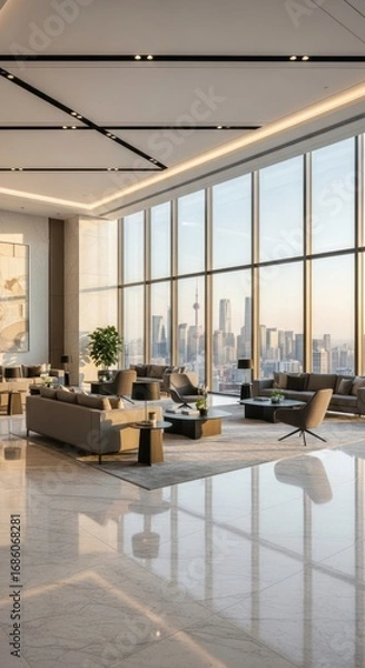 Obraz Luxurious Modern Lounge with Panoramic Shanghai City Skyline View at Sunset, Featuring Contemporary Furniture and Polished Marble Floors