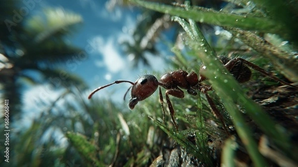 Fototapeta Close-up of an ant crawling through grass with dew drops