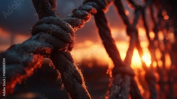 Fototapeta Rope net with knots at sunset, warm light