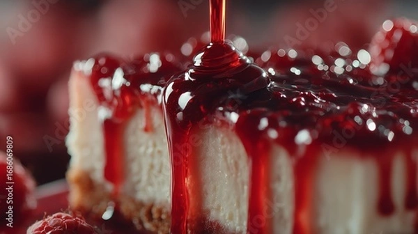 Fototapeta Raspberry cheesecake slice with pouring red sauce close-up