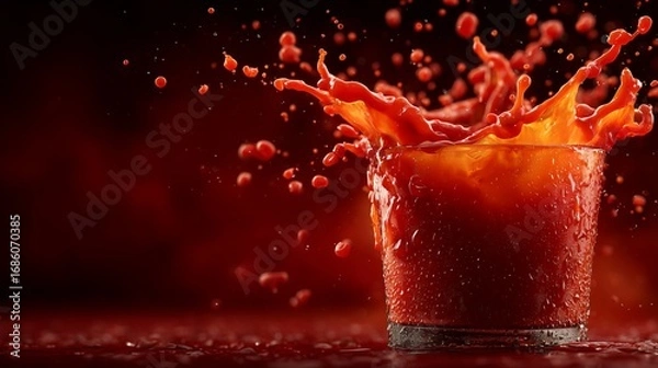 Fototapeta Tomato juice splashing out of a glass on dark background