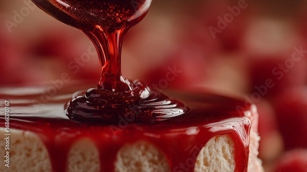 Fototapeta Red glaze being poured onto a cake, close up view
