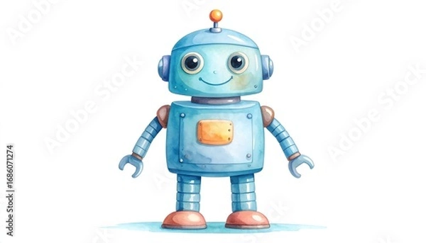 Fototapeta A charming, light-blue robot, rendered with watercolor-like textures, stands out against a pristine white background.