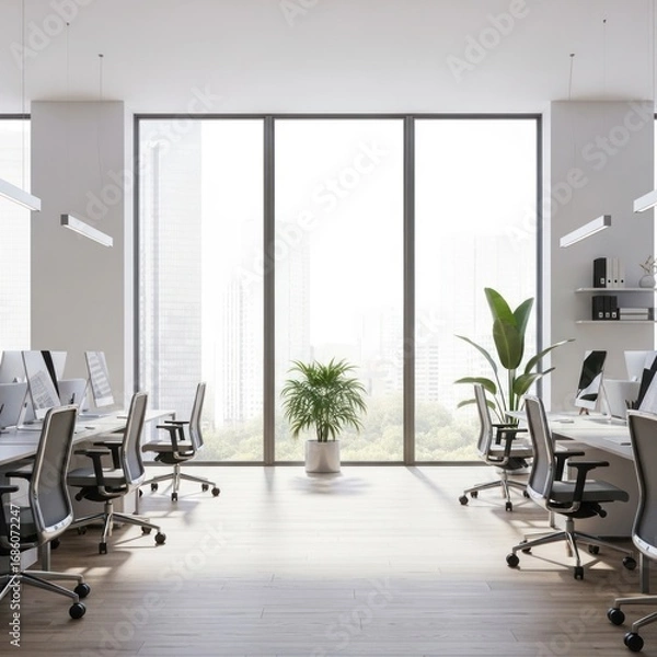 Obraz Bright Modern Open-Plan Office Interior with Large software, Ergonomic Workstations, Green Plants, and City View